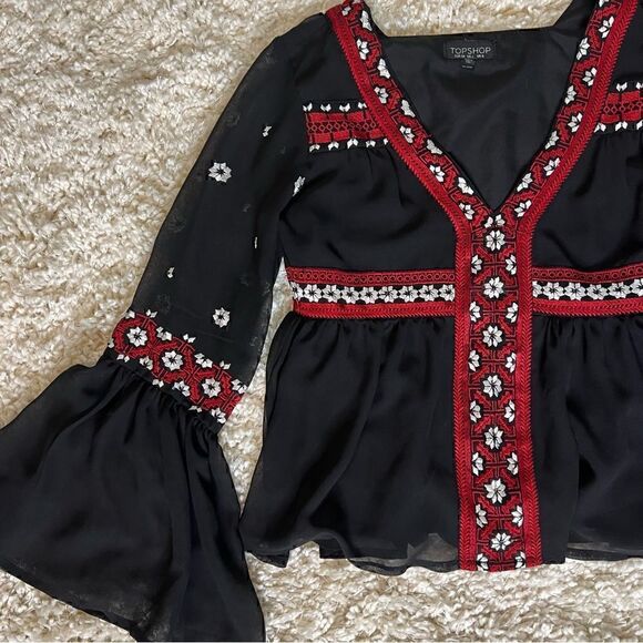 Topshop black embroidered style boho long sleeve top size US 2 - Picture 11 of 11